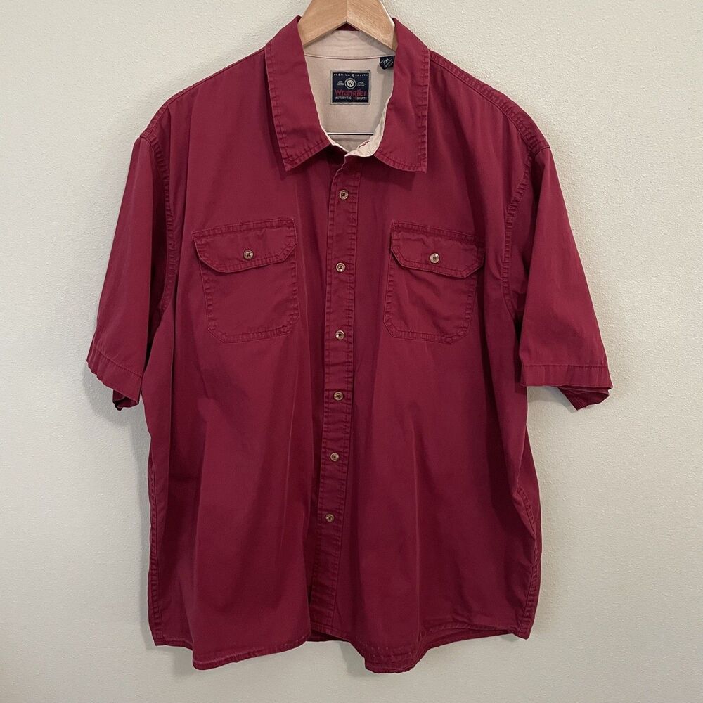 Vintage Wrangler Shirt Mens 2XL Burgundy Red Short Sleeve Button Up Cotton